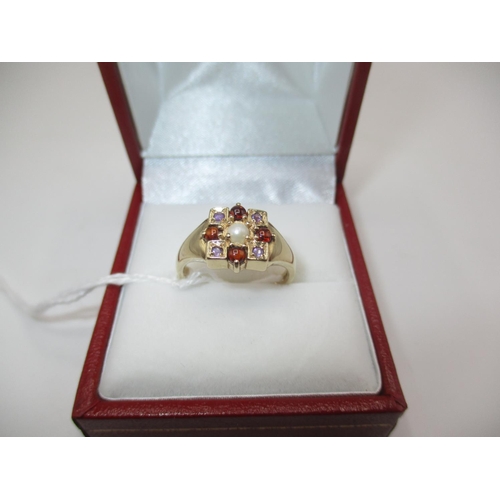 414 - 9ct Gold Garnet, Amethyst and Pearl Antique Style Ring, Size L