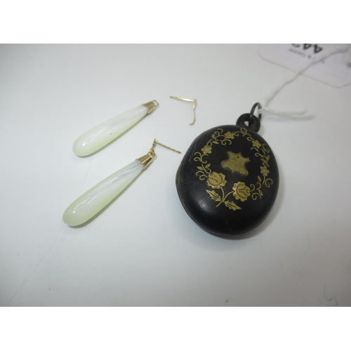 442 - Pair of 9ct Gold and Mother of Pearl Ear Drops and a Picque Inlaid Locket