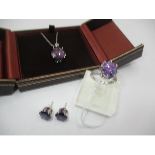 457 - Silver and Purple Stone Ring, Ear Studs and Pendant with Chain