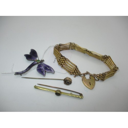 481 - 15ct Gold Bar Brooch, 2.42g, Stick Pin, Gate Bracelet and a Silver and Enamel Dragonfly Brooch