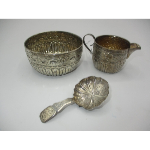 485 - Victorian Silver Sugar and Cream, Birmingham 1887, Maker HT and a Silver Caddy Spoon, Birmingham 185... 