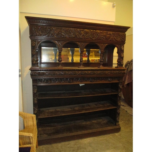 576 - Victorian Jacobean Revival Shelved and Mirror Panel Cabinet, Profusely Carved and Having Green Man C... 