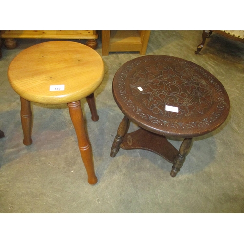 582 - Small Carved Wood Table and a Milking Stool