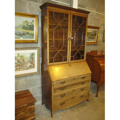 671 - 19th Century Inlaid Mahogany Bureau Bookcase on Splayed Bracket Feet, 106cm W, 51cm D, 218cm H