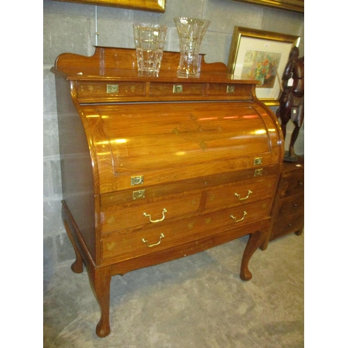 672 - Eastern Hardwood and Metal Inlaid Cylinder Bureau, 100cm W, 56cm D, 124cm H