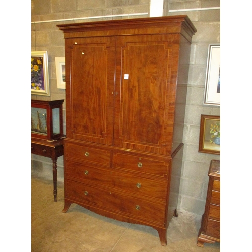 677 - 19th Century Inlaid Mahogany Gentlemans Wardrobe the Upper Section Containing 5 Sliding Trays, Raise... 