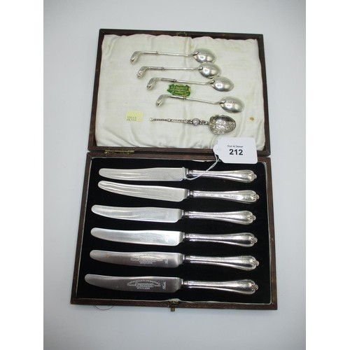 688 - Cased Set of 6 Silver Handle Tea Knives, 4 Silver Golf Teaspoons and Silver Anointing Spoon