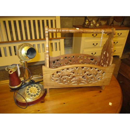 127 - Vintage Style Candlestick Telephone and a Carved Wood Newspaper Rack