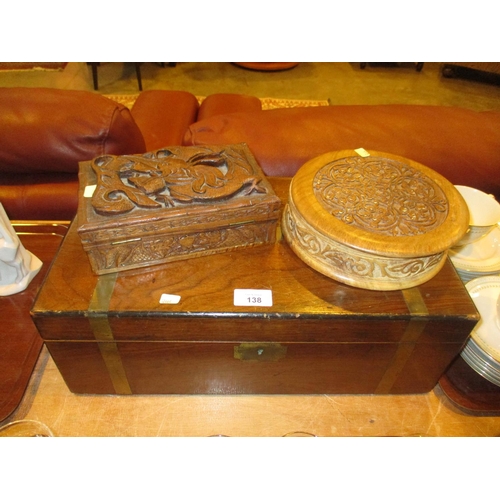 138 - Chinese Carved Wood Dragon Cigarette Box, Geometric Carved Box and a Writing Box (no slope)