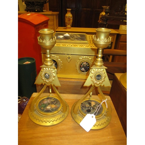 185 - 19th Century Gilt Metal and Pietra Dura Postal Scales with Weights, Pen Rest, Stationery Box and Pai... 