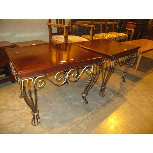 540 - Wood Top and Wrought Metal Base Coffee Table, 127x71cm, and a Pair of Matching Lamp Tables, 70x58cm