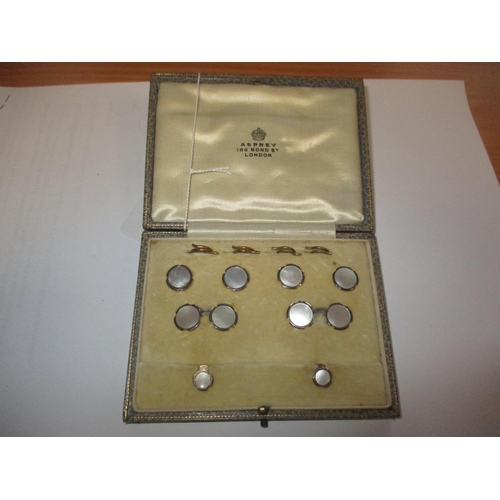 620 - Asprey, 9ct Gold Mounted Mother of Pearl Dress Stud Set, Comprising a Pair of Cuff Links, Four Dress...