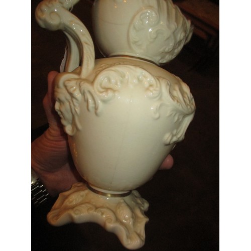 280 - Belleek Ornately Moulded Jug and Collectors Society Vase No 1464, 26 and 20cm