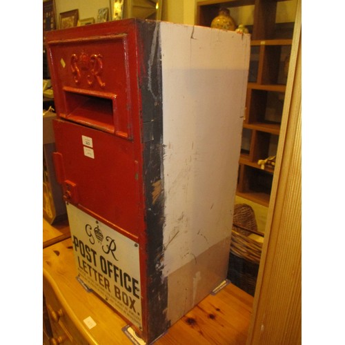 223 - George VI Cast Metal Front Post Box with Enamelled Plaque, 35cm w, 73cm h, 35cm d, with 2 keys