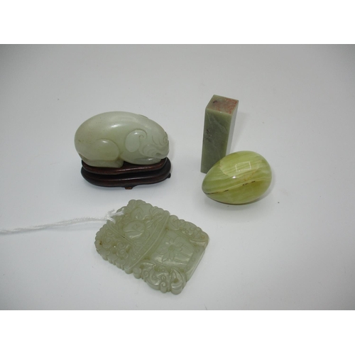 478 - Chinese Carved Stone Animal with Wooden Stand and 3 Other Items