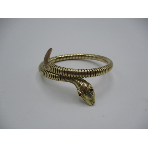 9ct Gold Snake Bangle with Ruby Eyes, 24.57g