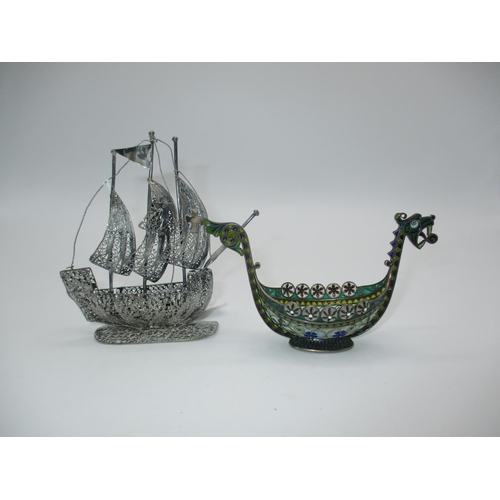 466 - Marius Hammer Norwegian Silver and Plique-A-Jour Longboat Salt, 10.5cm long, along with a Filigree B...