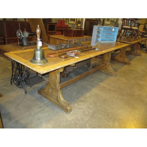 617 - Arts & Crafts Oak and Burr Wood Inset Library/Refectory Table, Stamped Bulstrode Cambridge, 275x68cm...