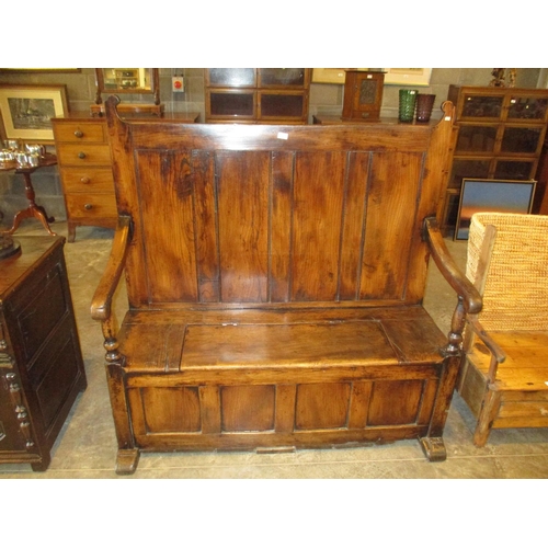 18th Century Elm Box Seat Settle, 136cm wide, 140cm high max, base 60cm deep