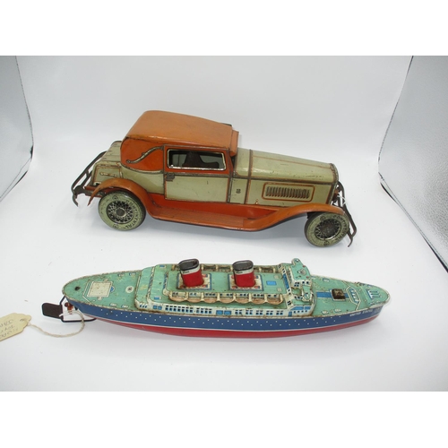 316 - Bing Clockwork Tin Plate Car and Japanese Tin Plate United States Ocean Liner