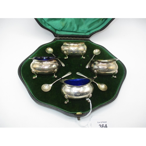 Cased Set of 4 Silver Salts with Blue Glass Liners, Spoons, hallmarks rubbed