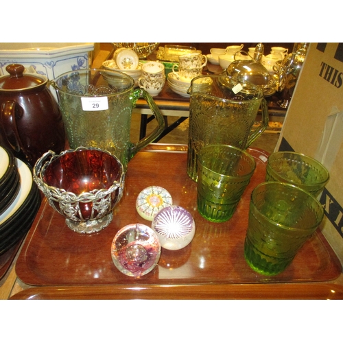 29 - Three Paperweights, Silver Plate and Ruby Glass Sugar Basket, 2 Water Jugs and 3 Tumblers