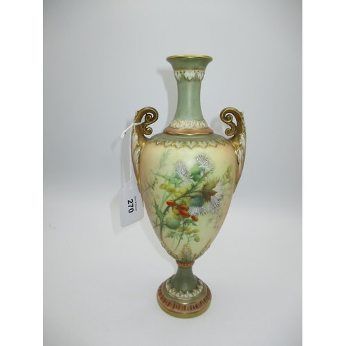 Royal Worcester China Works 2 Handle Vase Painted with Thistles, 26cm