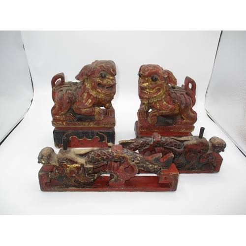 390 - Pair of Chinese Carved Wood Dogs of Fo, 20cm h, and a Pair of Dragon Mouldings