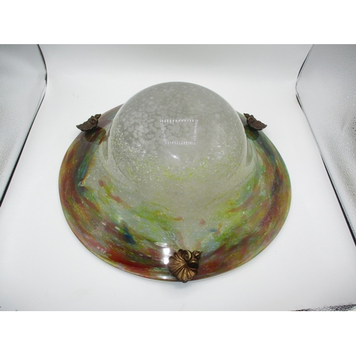 446 - Monart Glass Plafonnier having Gilt Metal Shell Fittings and Chains, 43cm