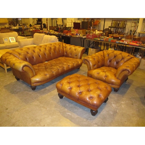 527 - Tetrad Oskar Deep Buttoned Brown Leather Settee, Chair and Centre Stool