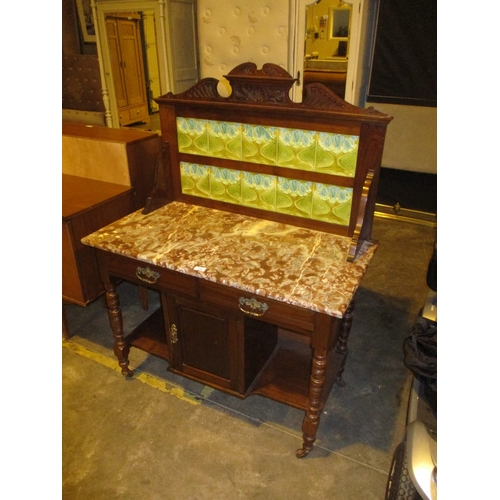 576 - Late Victorian Walnut and Marble Top Wash Stand Having Art Nouveau Tiled Splash Back, 99x51x132cm h