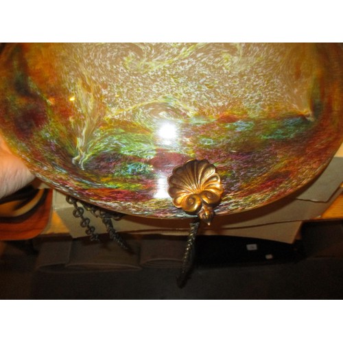 446 - Monart Glass Plafonnier having Gilt Metal Shell Fittings and Chains, 43cm