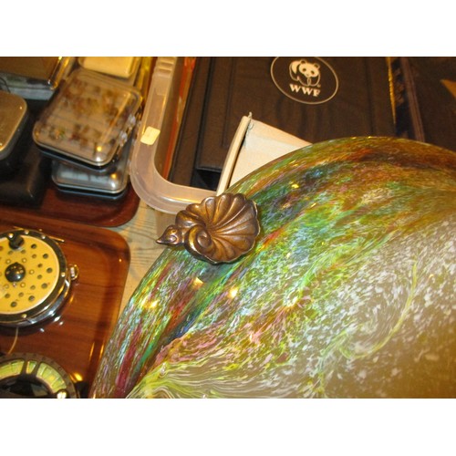 446 - Monart Glass Plafonnier having Gilt Metal Shell Fittings and Chains, 43cm