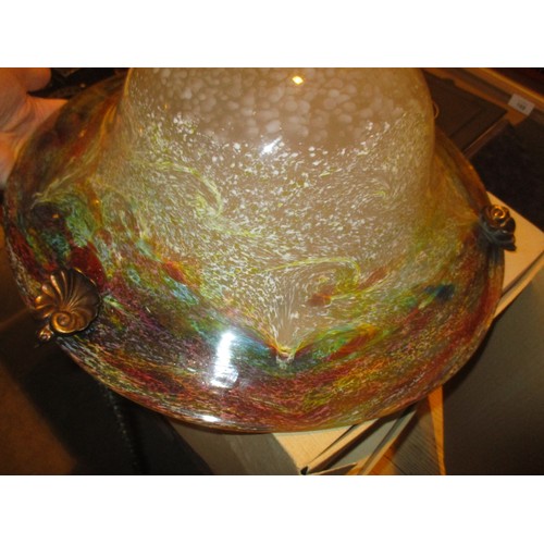 446 - Monart Glass Plafonnier having Gilt Metal Shell Fittings and Chains, 43cm