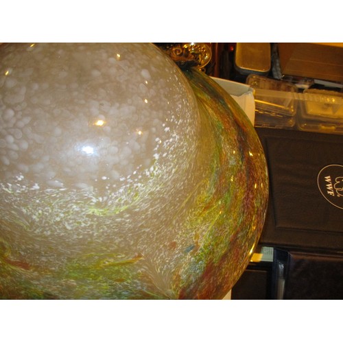 446 - Monart Glass Plafonnier having Gilt Metal Shell Fittings and Chains, 43cm