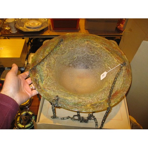 446 - Monart Glass Plafonnier having Gilt Metal Shell Fittings and Chains, 43cm