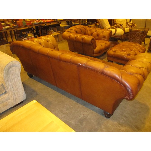 527 - Tetrad Oskar Deep Buttoned Brown Leather Settee, Chair and Centre Stool