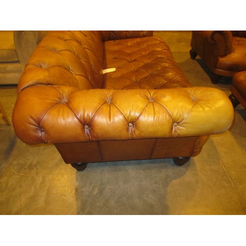 527 - Tetrad Oskar Deep Buttoned Brown Leather Settee, Chair and Centre Stool