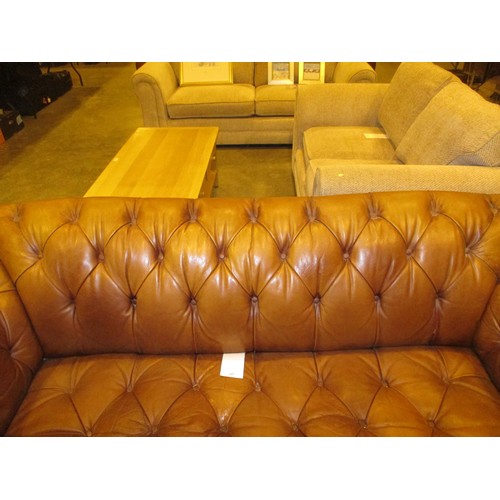 527 - Tetrad Oskar Deep Buttoned Brown Leather Settee, Chair and Centre Stool