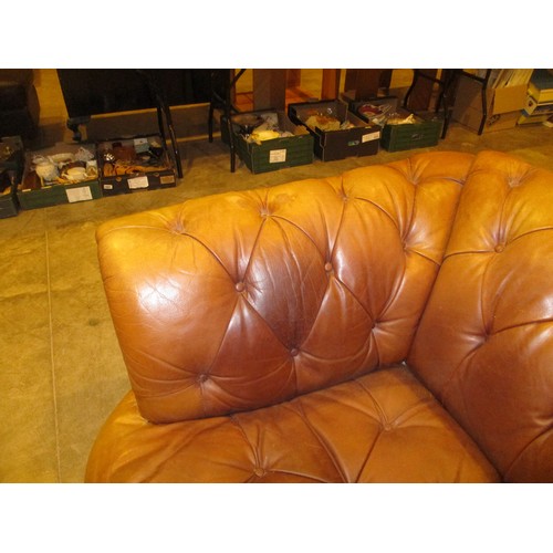 527 - Tetrad Oskar Deep Buttoned Brown Leather Settee, Chair and Centre Stool
