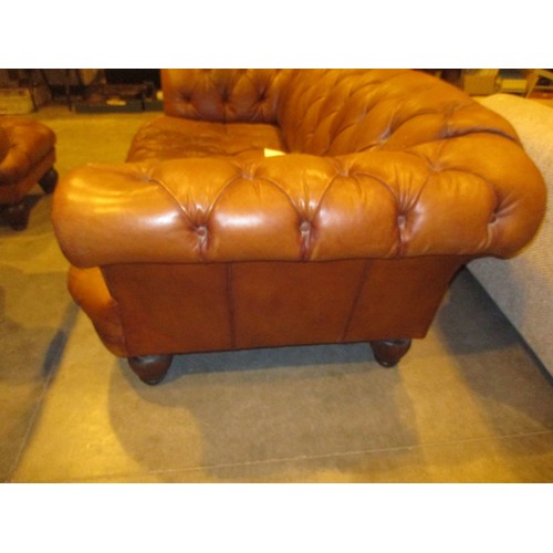 527 - Tetrad Oskar Deep Buttoned Brown Leather Settee, Chair and Centre Stool