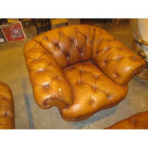 527 - Tetrad Oskar Deep Buttoned Brown Leather Settee, Chair and Centre Stool
