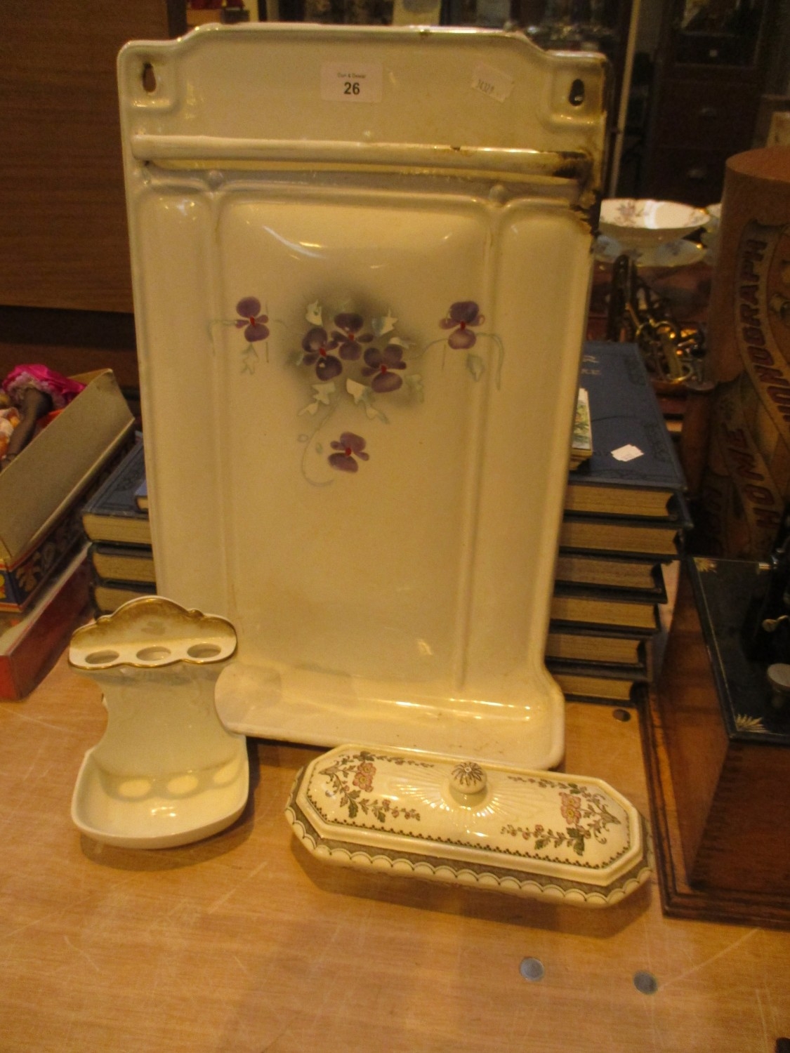 Early 20th Century Enamel Splash Back, Pottery Toothbrush Box and ...