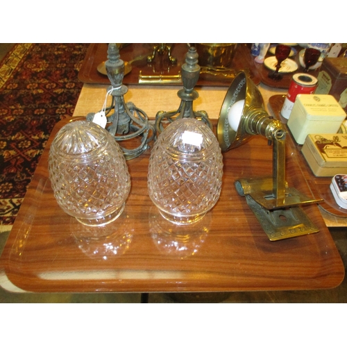 8 - Pair of Early 20th Century Cut Glass and Brass Pendant Lights and an Adjusto Lite Brass Clip on Lamp