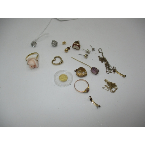 Carved Shell Ring Stamped 750, 14K Gold Stud and Other Items