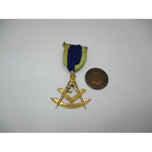 257 - 9ct Gold Masonic Medal Set with an Amber Coloured Stone, 10.5g, along with a Masonic Penny