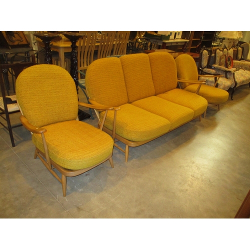 461 - Vintage Ercol Blonde Wood 3 Piece Lounge Suite