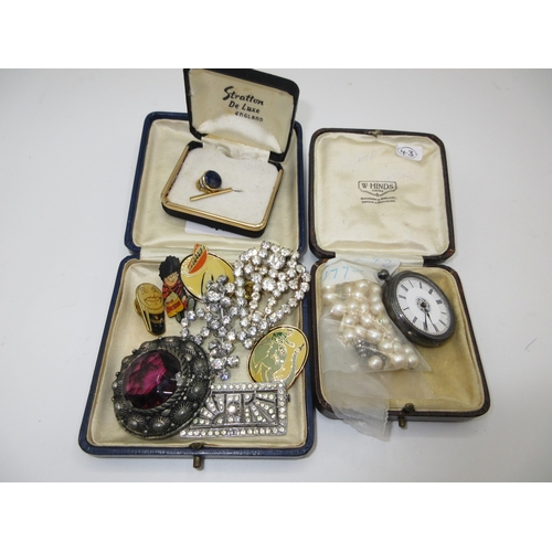 477 - Ladies Engraved Silver Fob Watch, Paste and Costume Jewellery