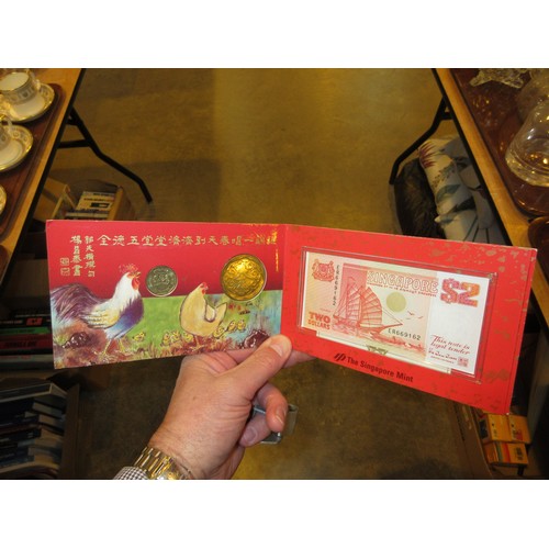 44 - Bangladesh and Malaysia Silver Coins and Banknotes, 2 Singapore $50 Dollar Notes
