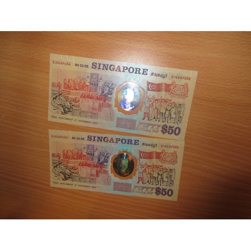 44 - Bangladesh and Malaysia Silver Coins and Banknotes, 2 Singapore $50 Dollar Notes